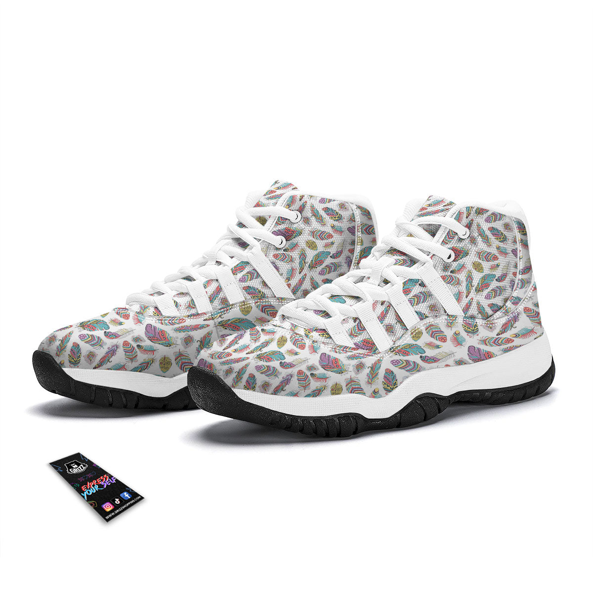 Feather Bohemian Print Pattern White Bball Shoes-grizzshop