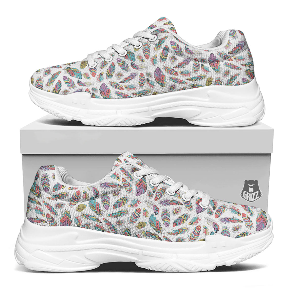 Feather Bohemian Print Pattern White Chunky Shoes-grizzshop