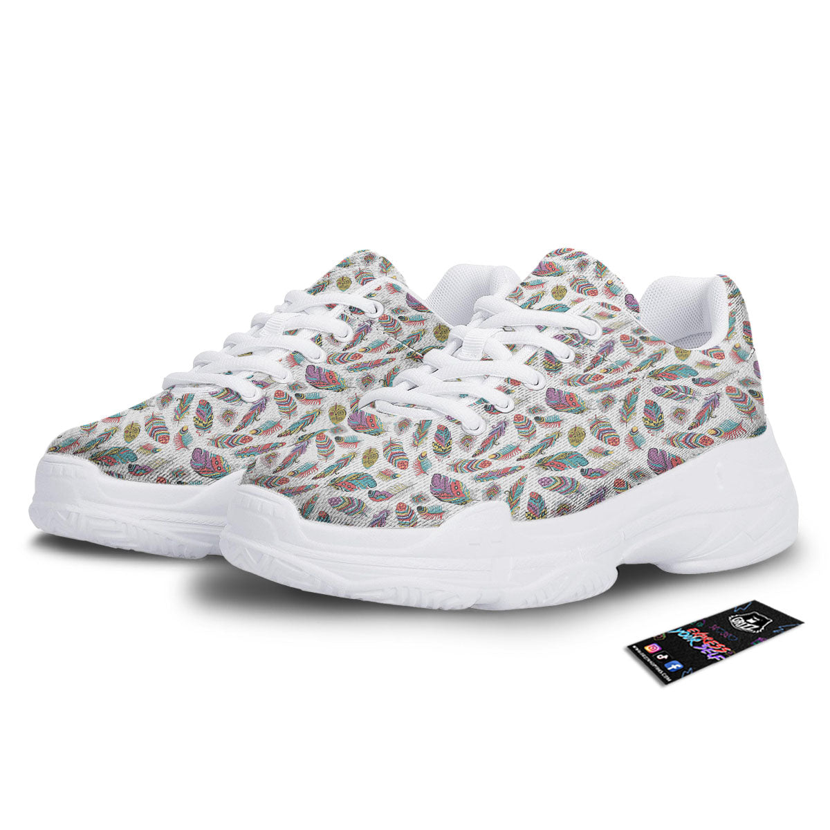 Feather Bohemian Print Pattern White Chunky Shoes-grizzshop