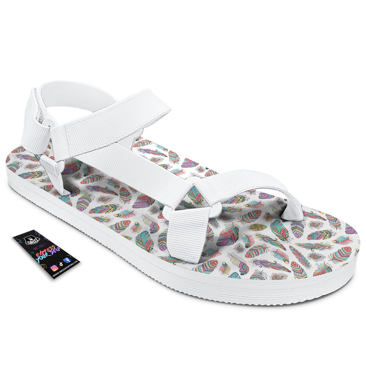 Feather Bohemian Print Pattern White Open Toe Sandals-grizzshop
