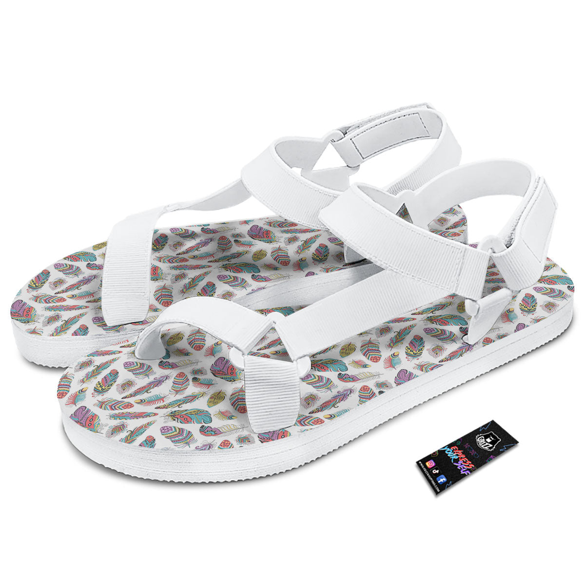 Feather Bohemian Print Pattern White Open Toe Sandals-grizzshop