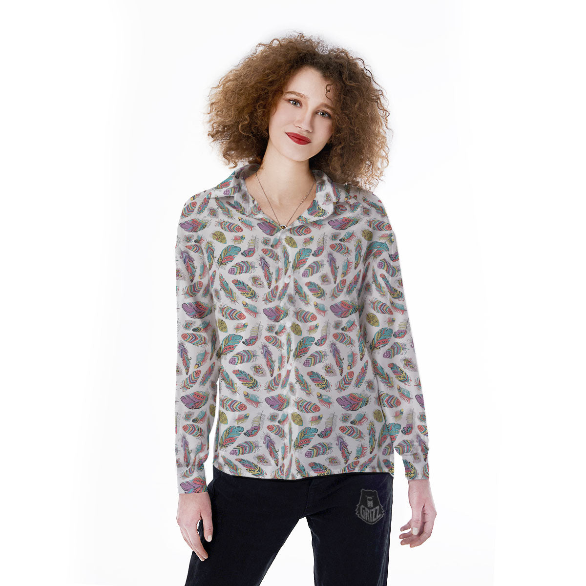 Feather Bohemian Print Pattern Women's Long Sleeve Shirts-grizzshop