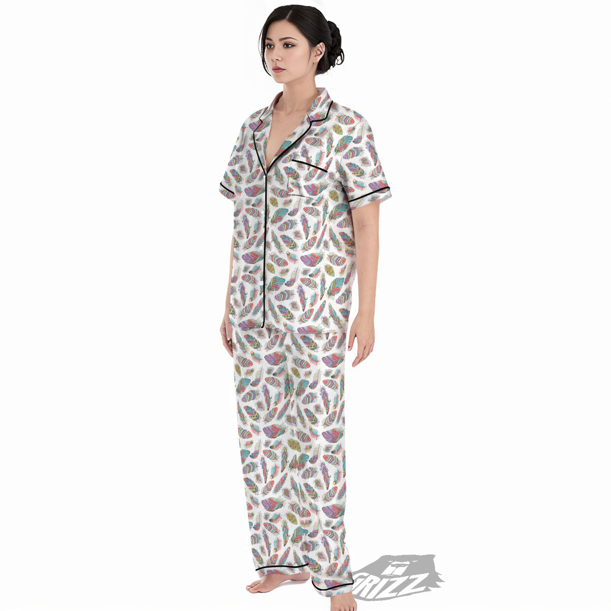 Feather Bohemian Print Pattern Women's Pajamas Set-grizzshop