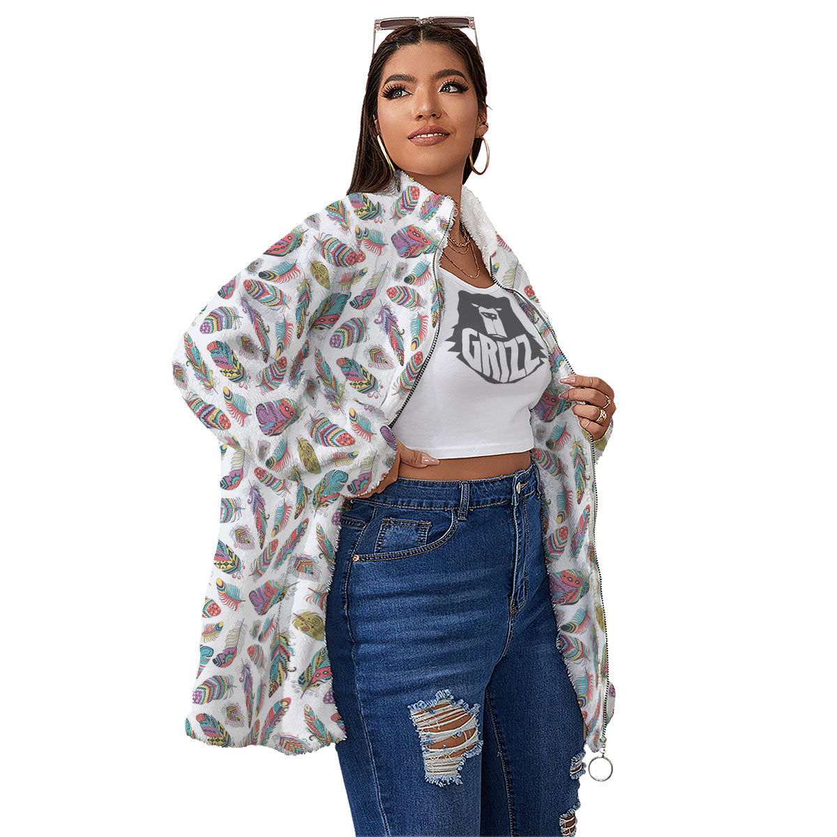 Feather Bohemian Print Pattern Women's Sherpa Jacket-grizzshop