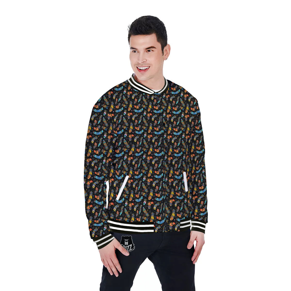 Feather Boho Print Pattern Baseball Jacket-grizzshop