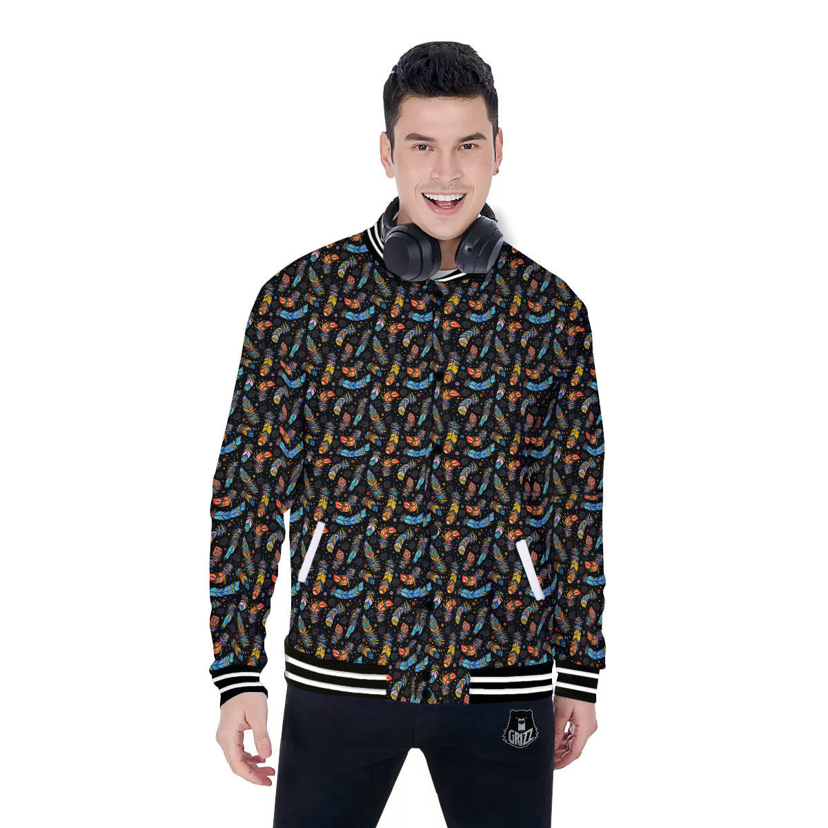 Feather Boho Print Pattern Baseball Jacket-grizzshop