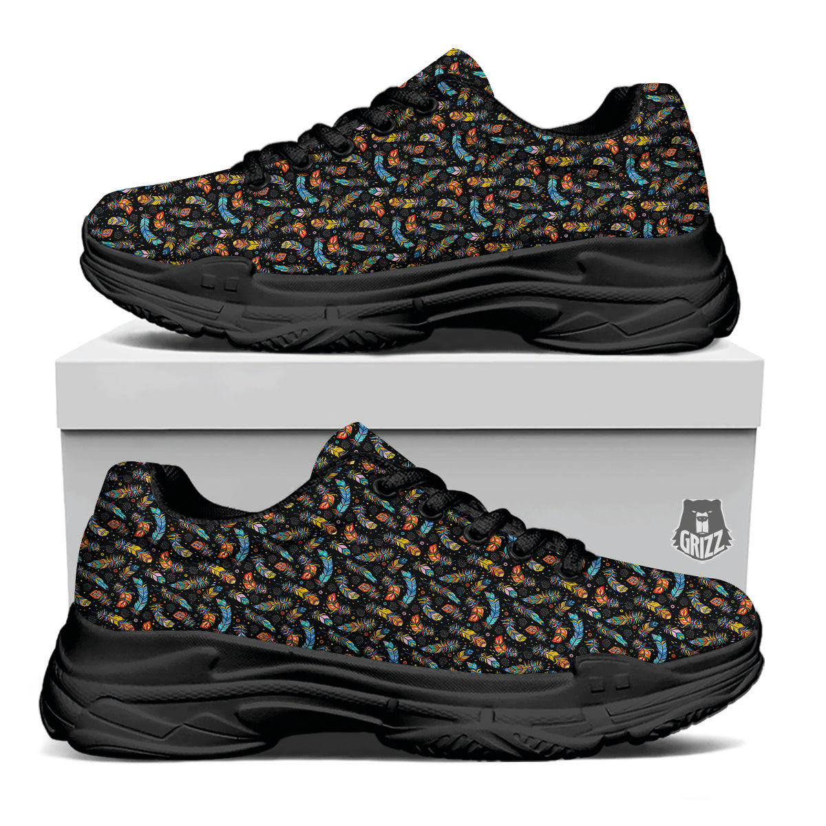 Feather Boho Print Pattern Black Chunky Shoes-grizzshop