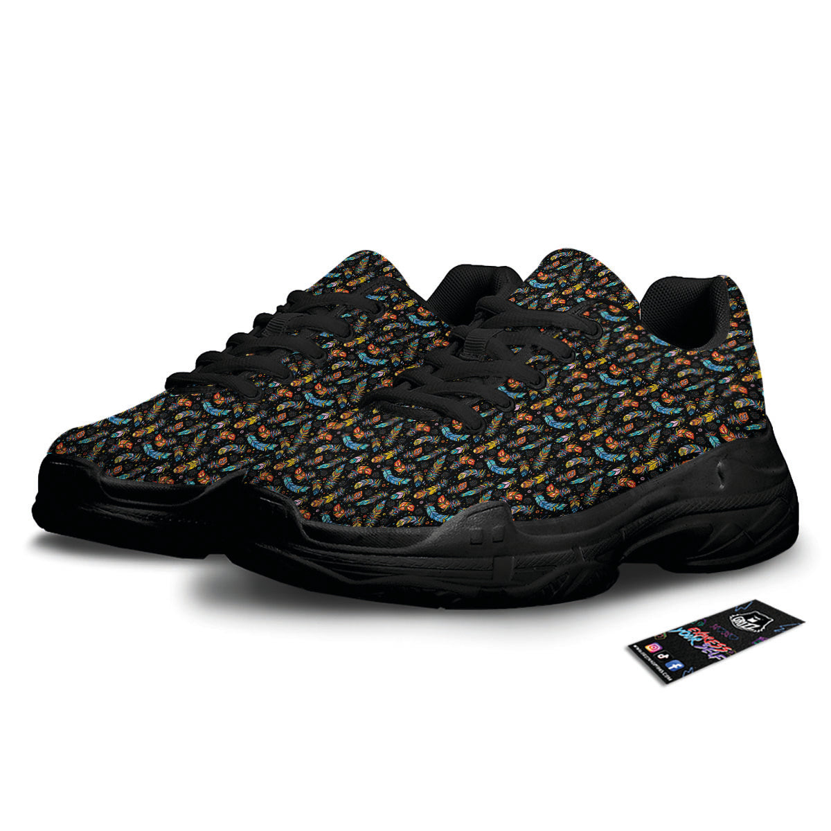 Feather Boho Print Pattern Black Chunky Shoes-grizzshop