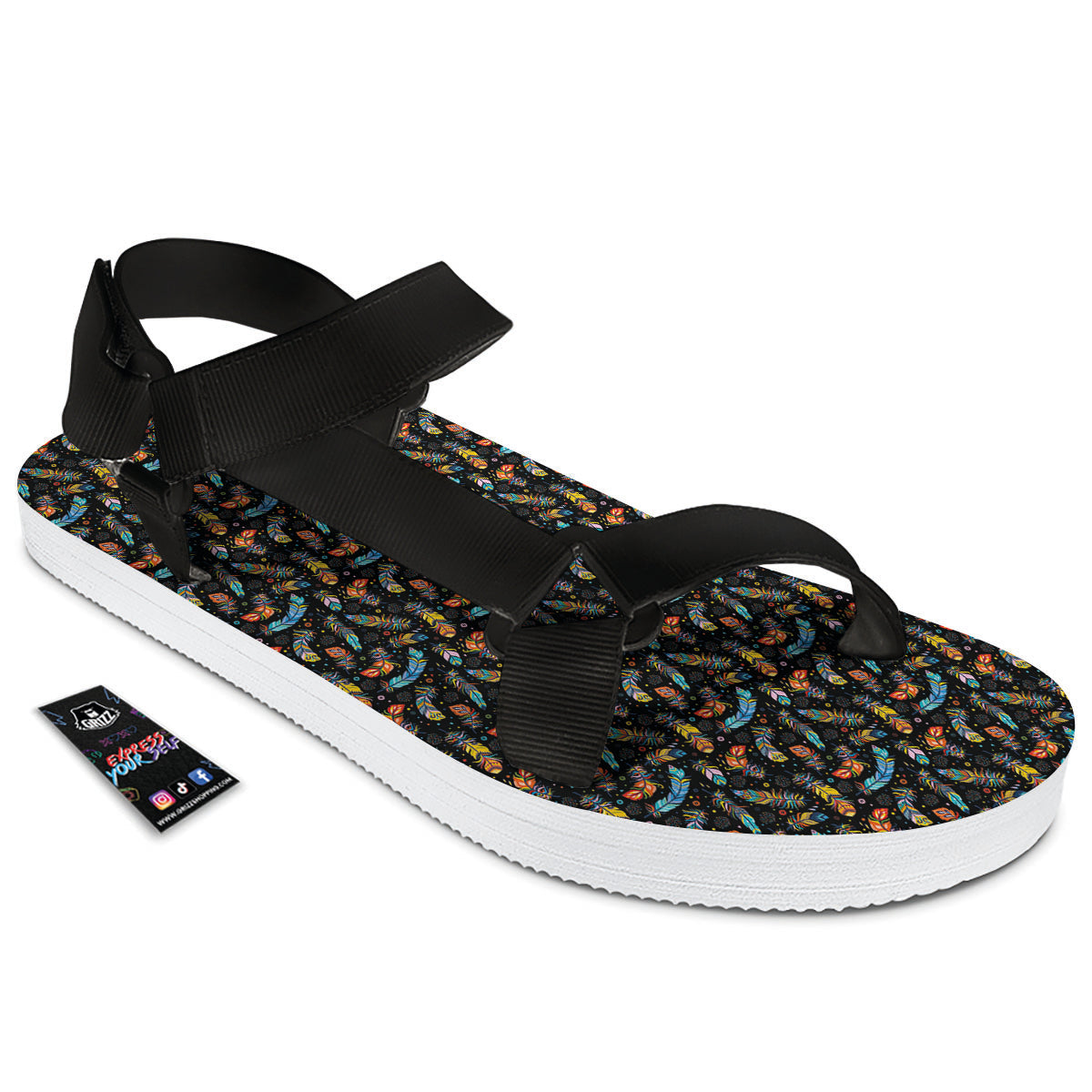 Feather Boho Print Pattern Black Open Toe Sandals-grizzshop