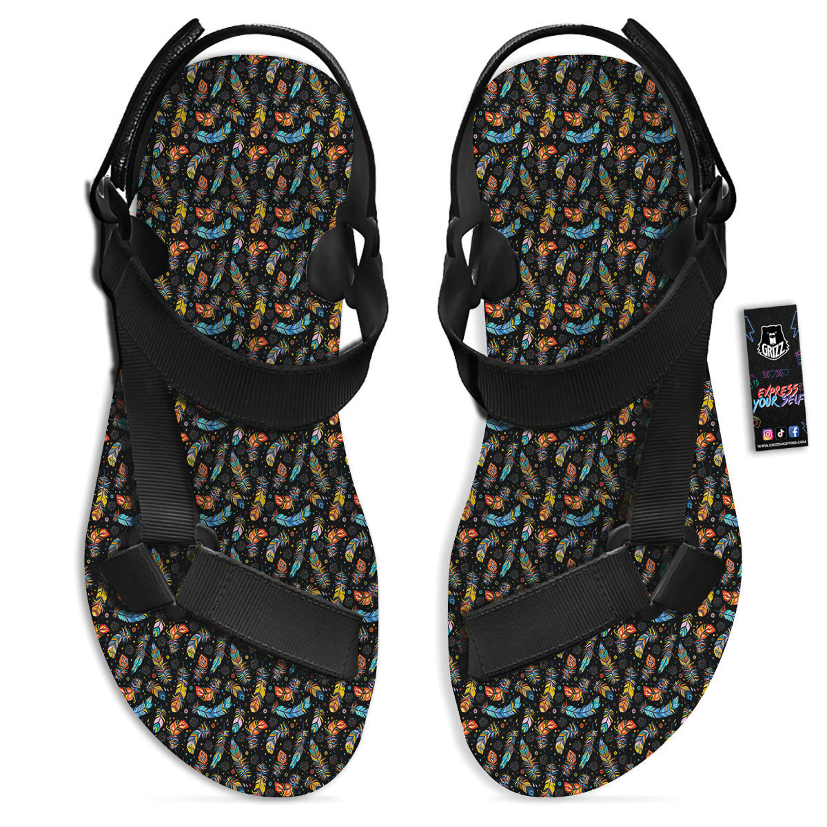 Feather Boho Print Pattern Black Open Toe Sandals-grizzshop