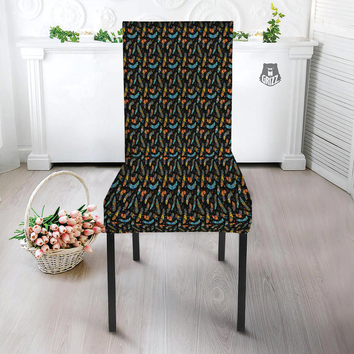 Feather Boho Print Pattern Dining Chair Slipcover-grizzshop