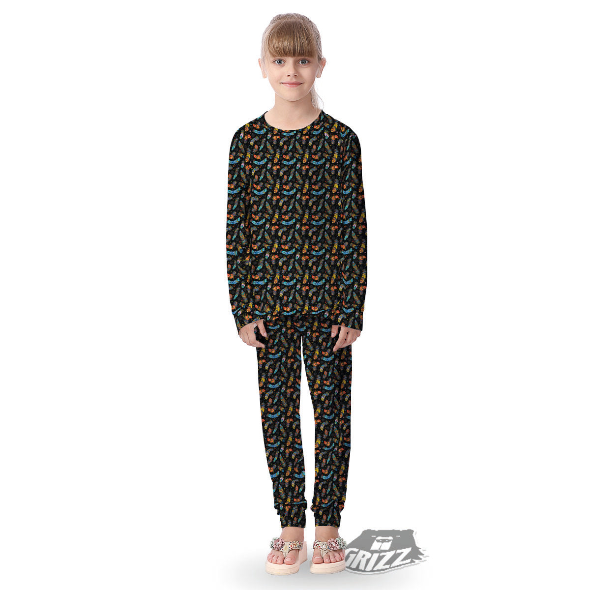 Feather Boho Print Pattern Kid's Pajamas-grizzshop