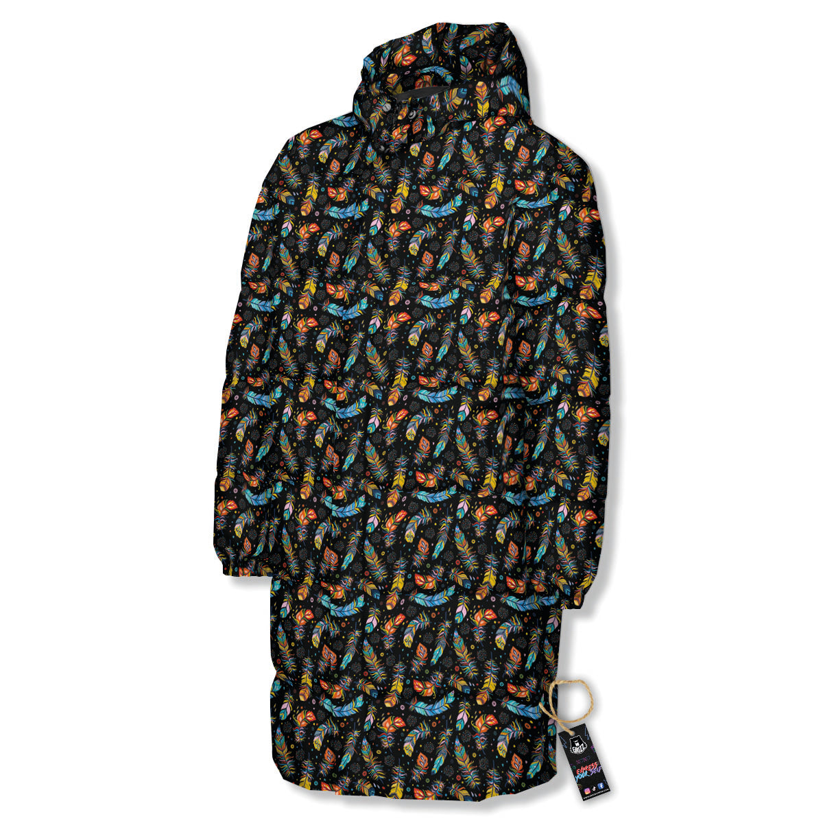 Feather Boho Print Pattern Long Down Jacket-grizzshop