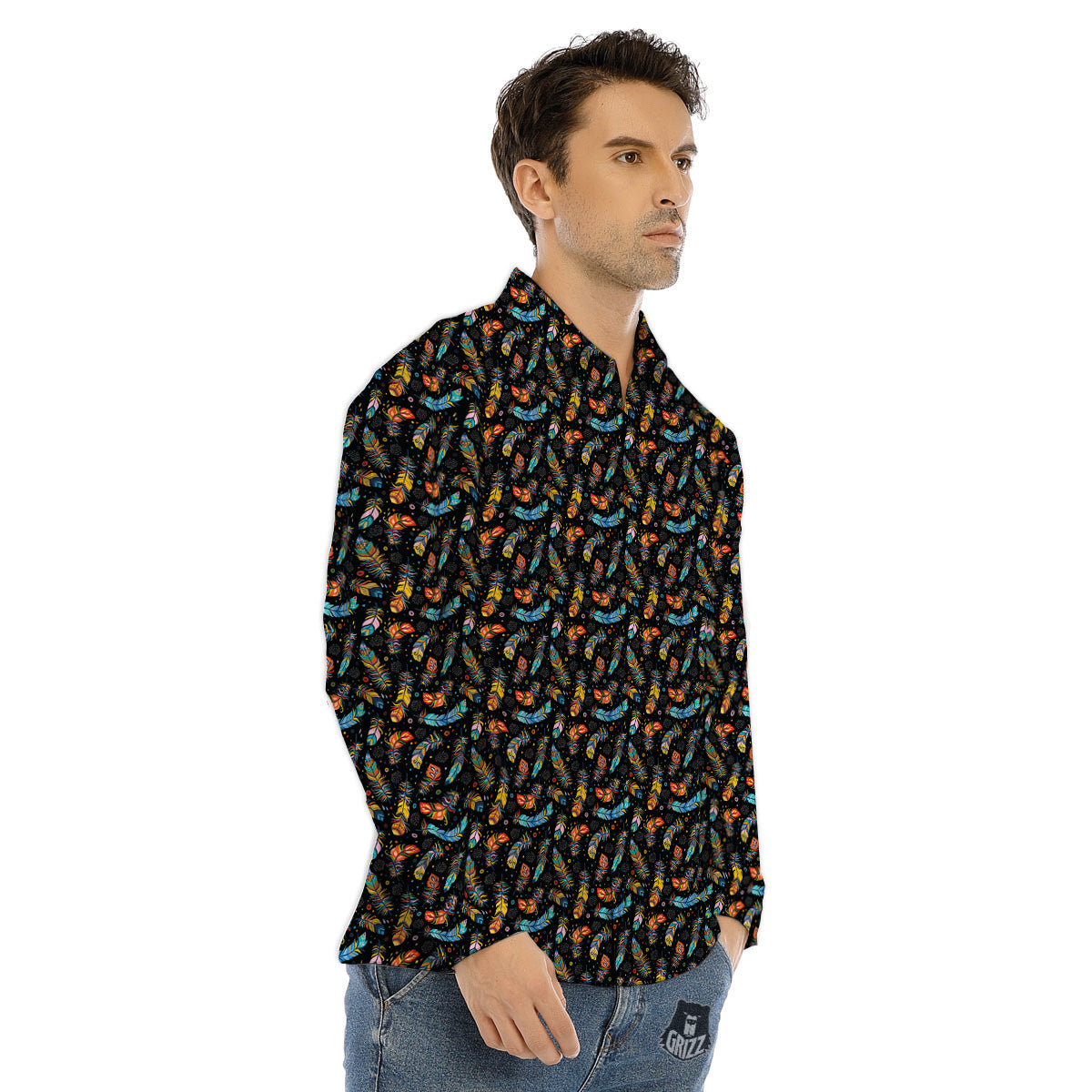 Feather Boho Print Pattern Men's Dress Shirts-grizzshop