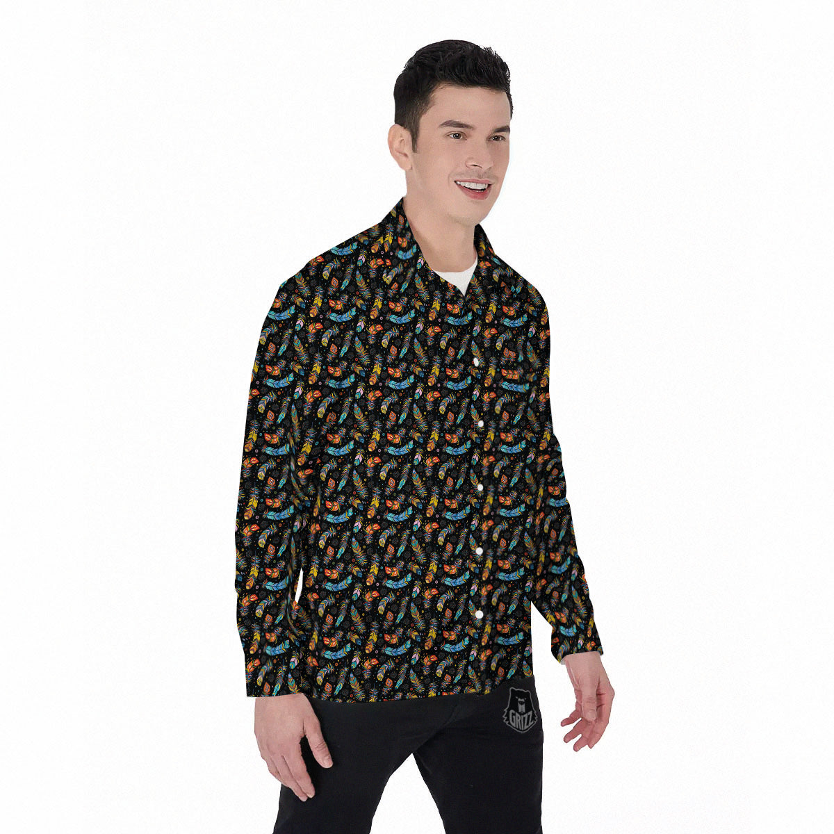 Feather Boho Print Pattern Men's Long Sleeve Shirts-grizzshop