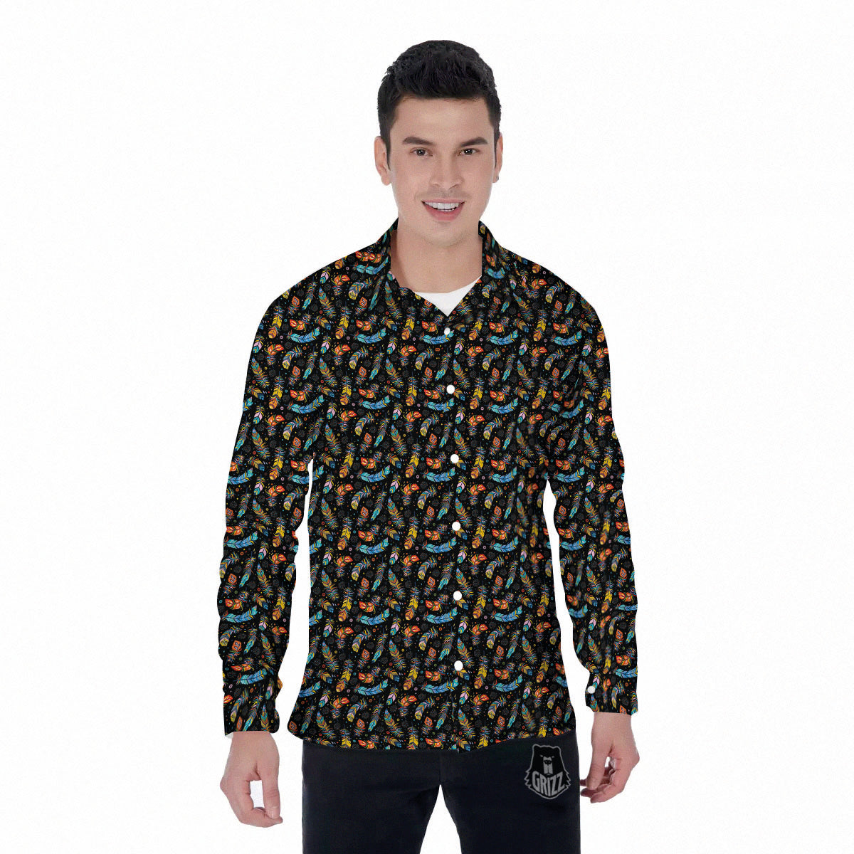 Feather Boho Print Pattern Men's Long Sleeve Shirts-grizzshop