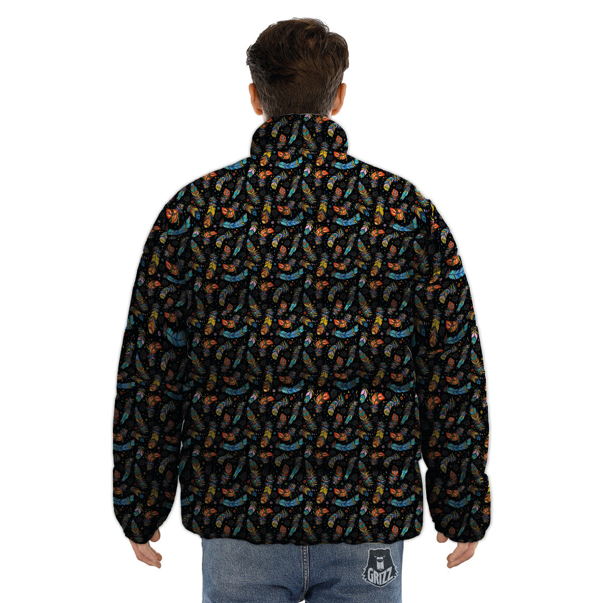 Feather Boho Print Pattern Puffer Jacket-grizzshop