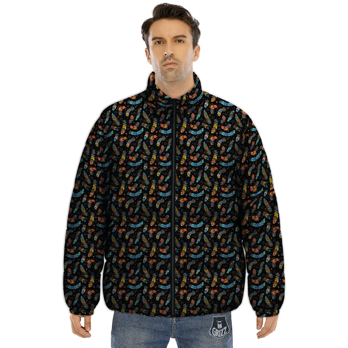 Feather Boho Print Pattern Puffer Jacket-grizzshop