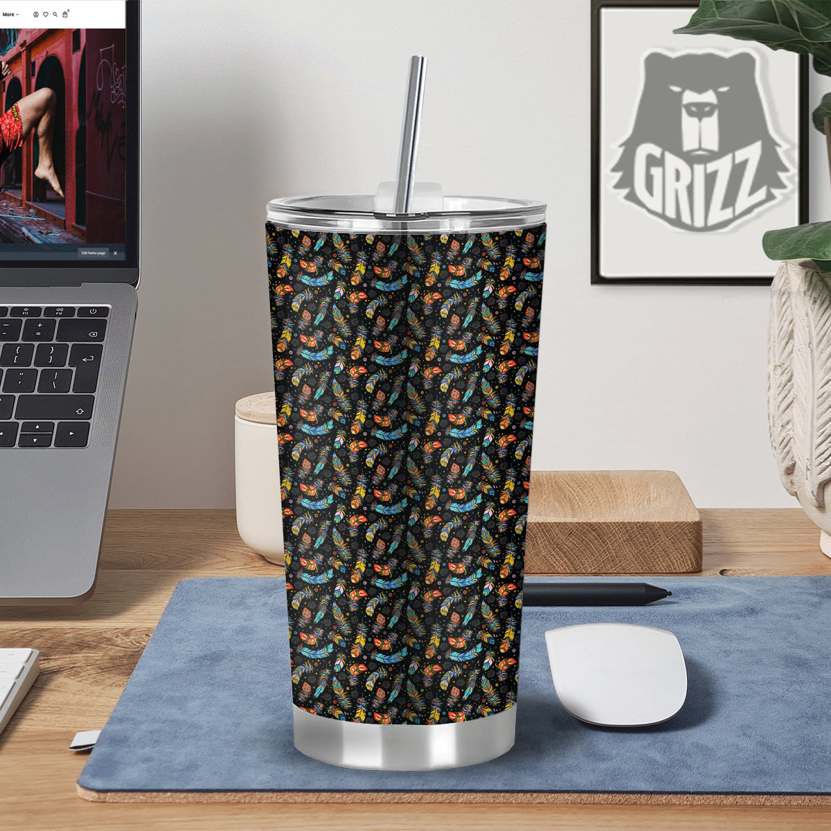 Feather Boho Print Pattern Tumbler-grizzshop
