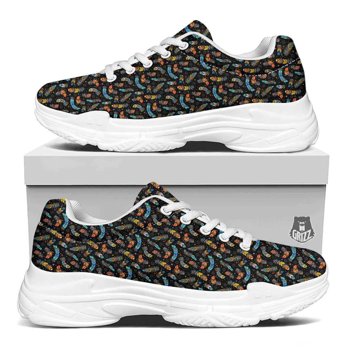 Feather Boho Print Pattern White Chunky Shoes-grizzshop