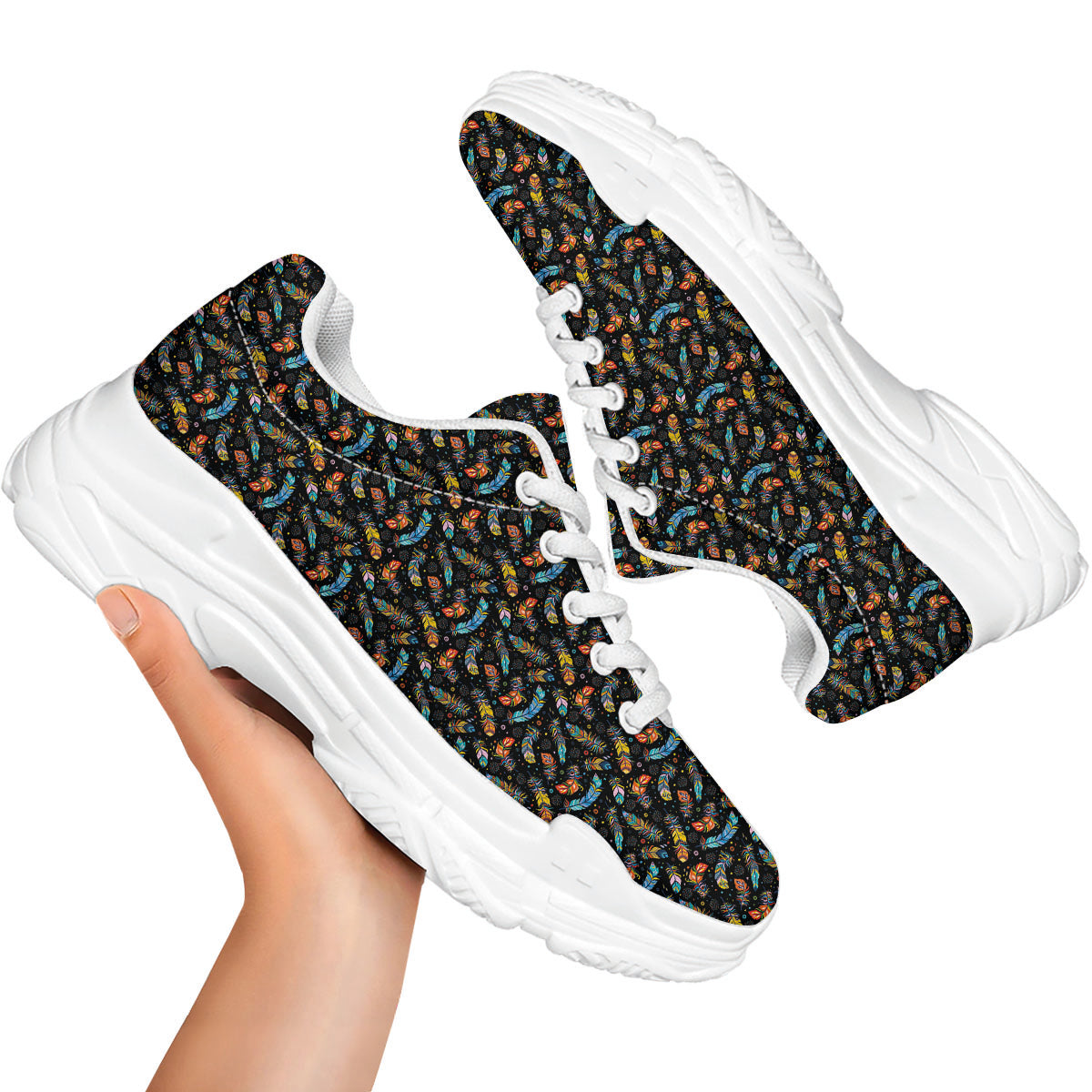 Feather Boho Print Pattern White Chunky Shoes-grizzshop