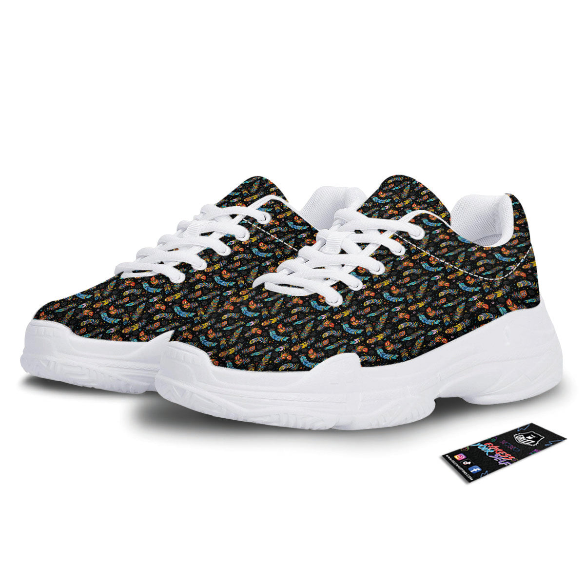 Feather Boho Print Pattern White Chunky Shoes-grizzshop