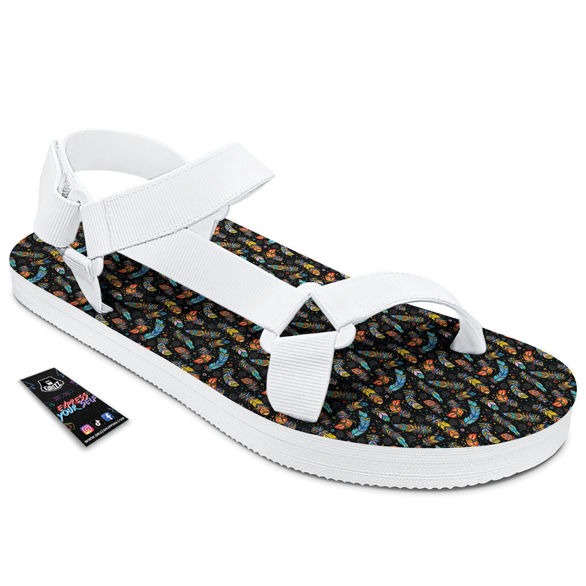 Feather Boho Print Pattern White Open Toe Sandals-grizzshop