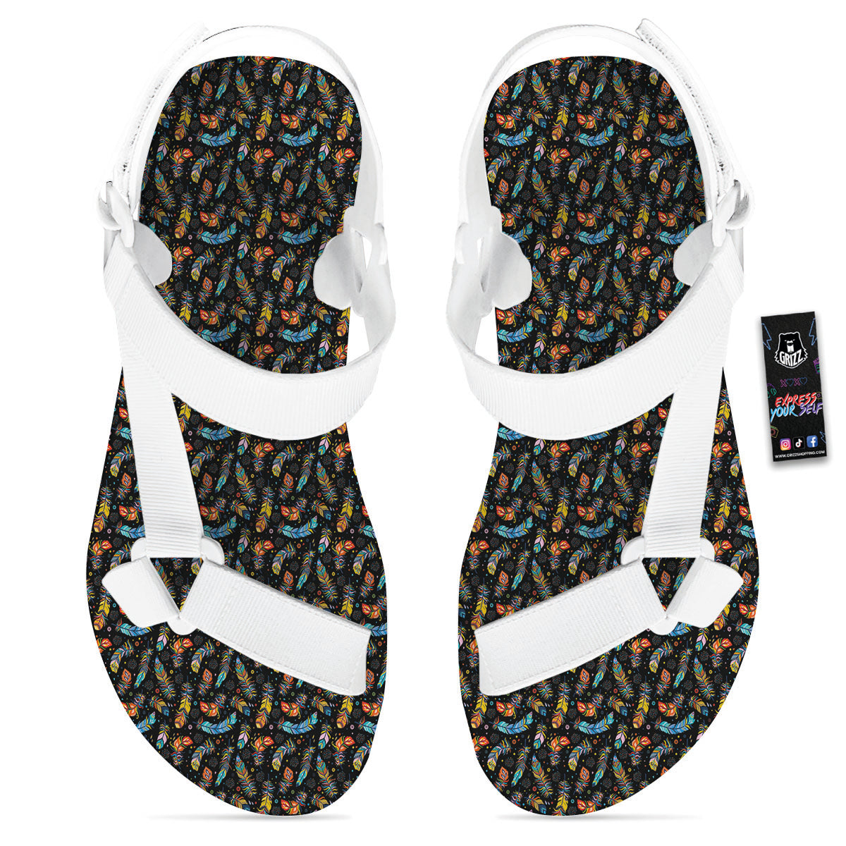 Feather Boho Print Pattern White Open Toe Sandals-grizzshop