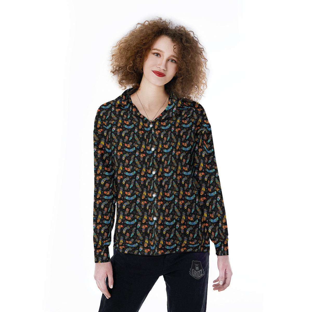 Feather Boho Print Pattern Women's Long Sleeve Shirts-grizzshop