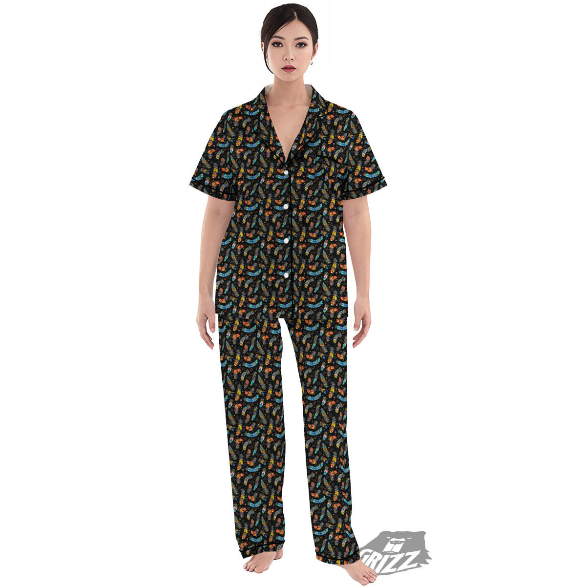 Feather Boho Print Pattern Women's Pajamas Set-grizzshop