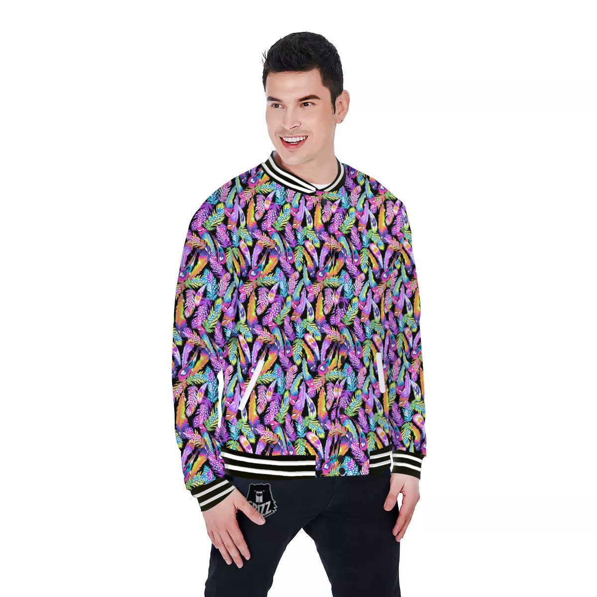 Feather Colorful Print Pattern Baseball Jacket-grizzshop