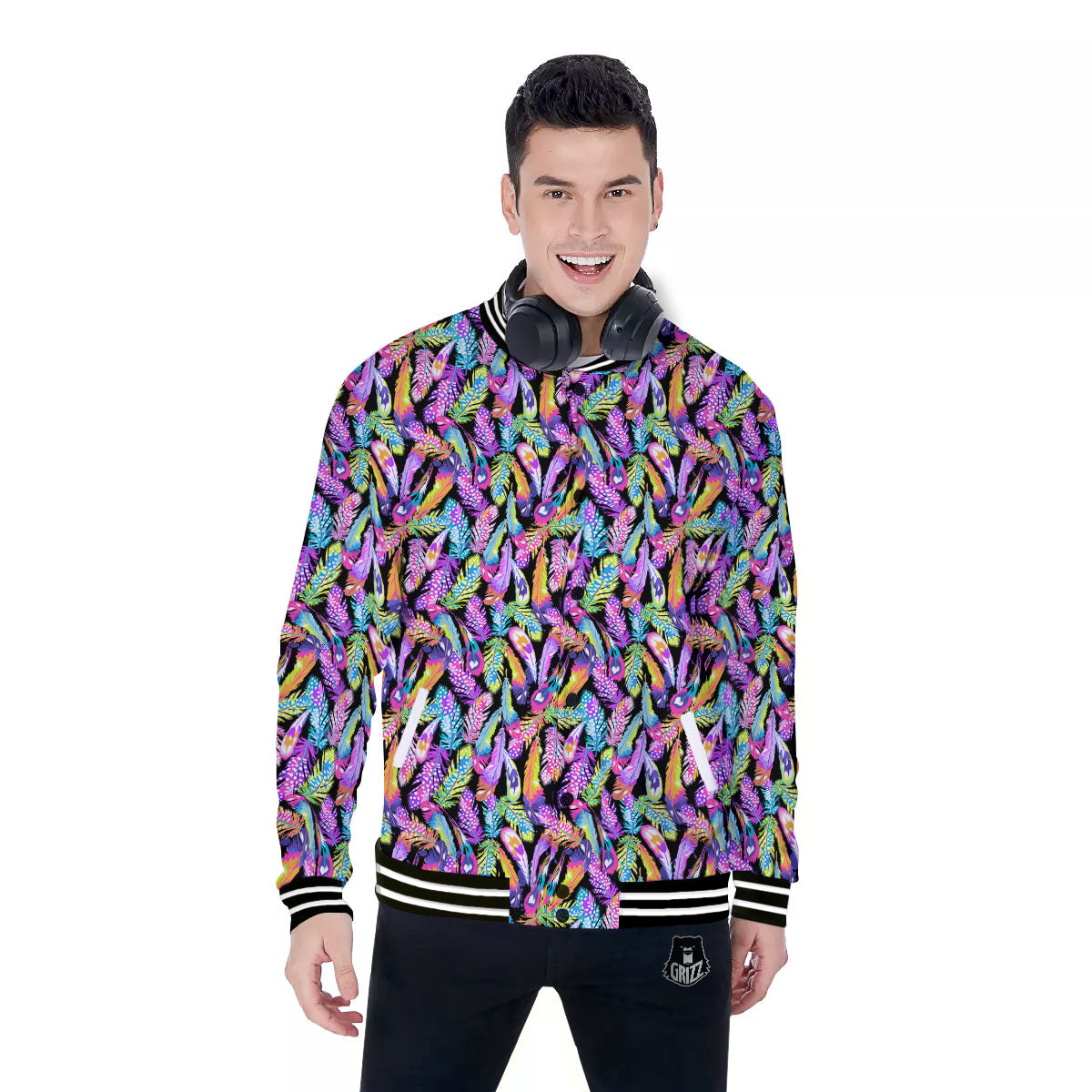 Feather Colorful Print Pattern Baseball Jacket-grizzshop