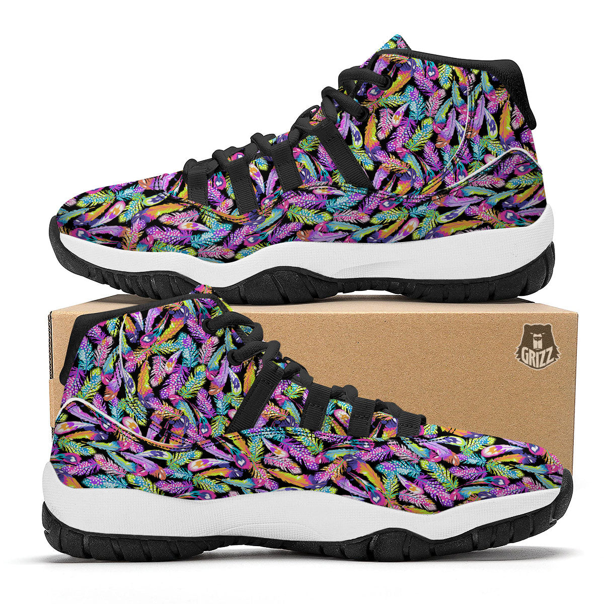 Feather Colorful Print Pattern Black Bball Shoes-grizzshop