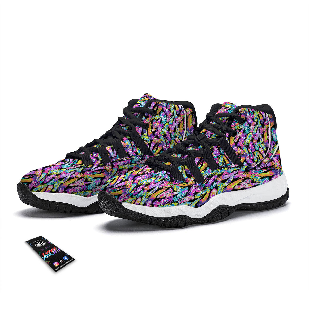 Feather Colorful Print Pattern Black Bball Shoes-grizzshop