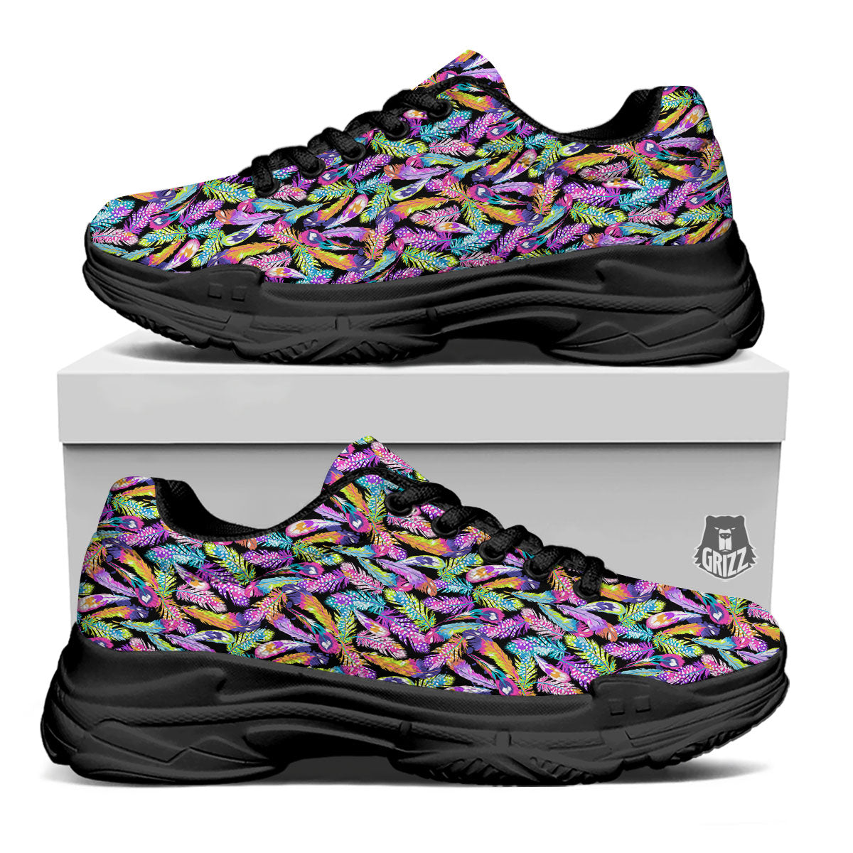 Feather Colorful Print Pattern Black Chunky Shoes-grizzshop