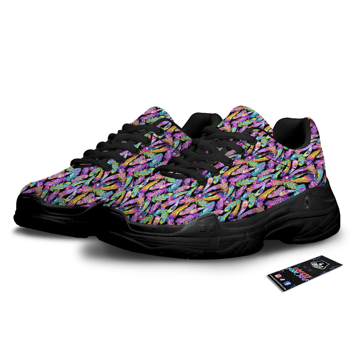 Feather Colorful Print Pattern Black Chunky Shoes-grizzshop