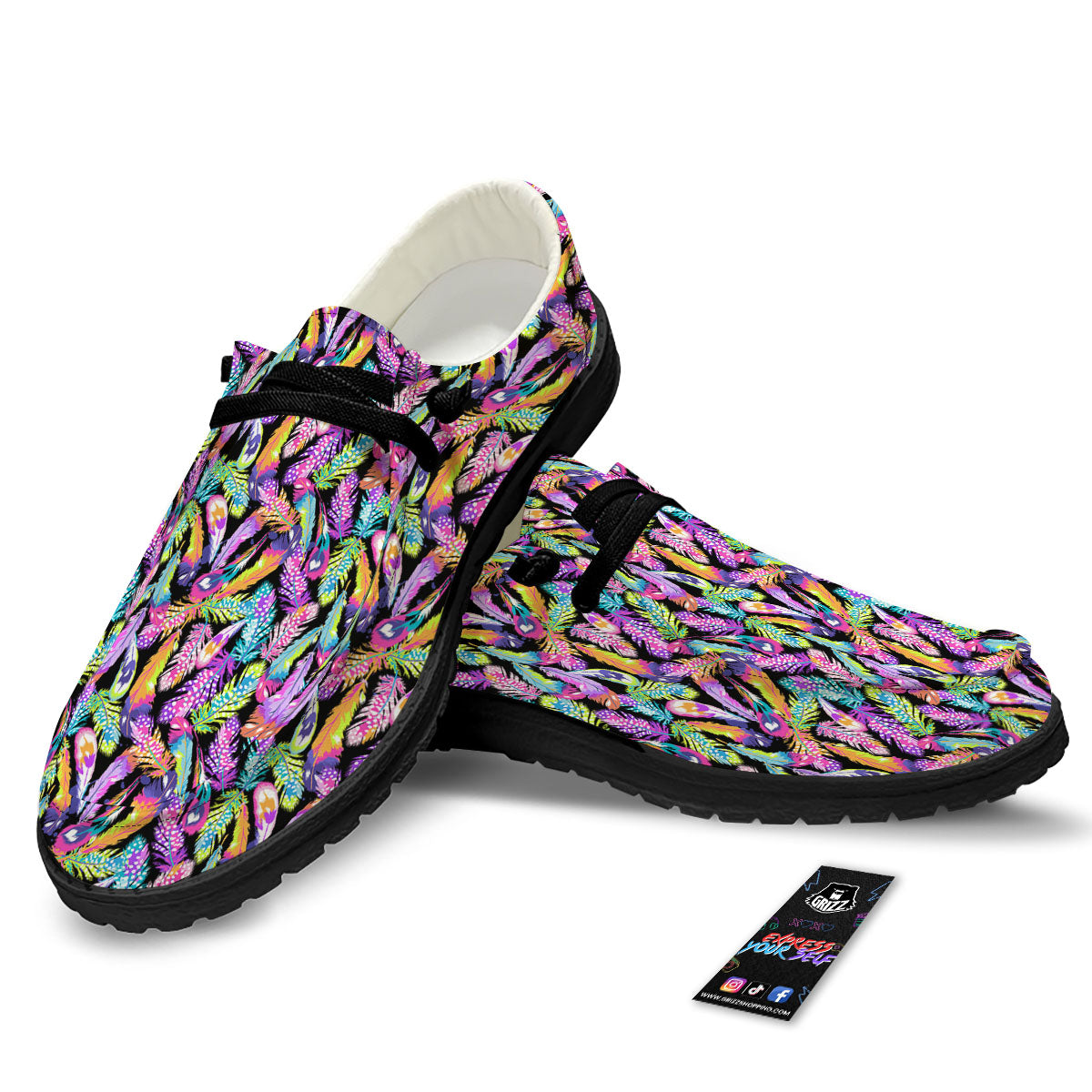 Feather Colorful Print Pattern Black Loafers-grizzshop