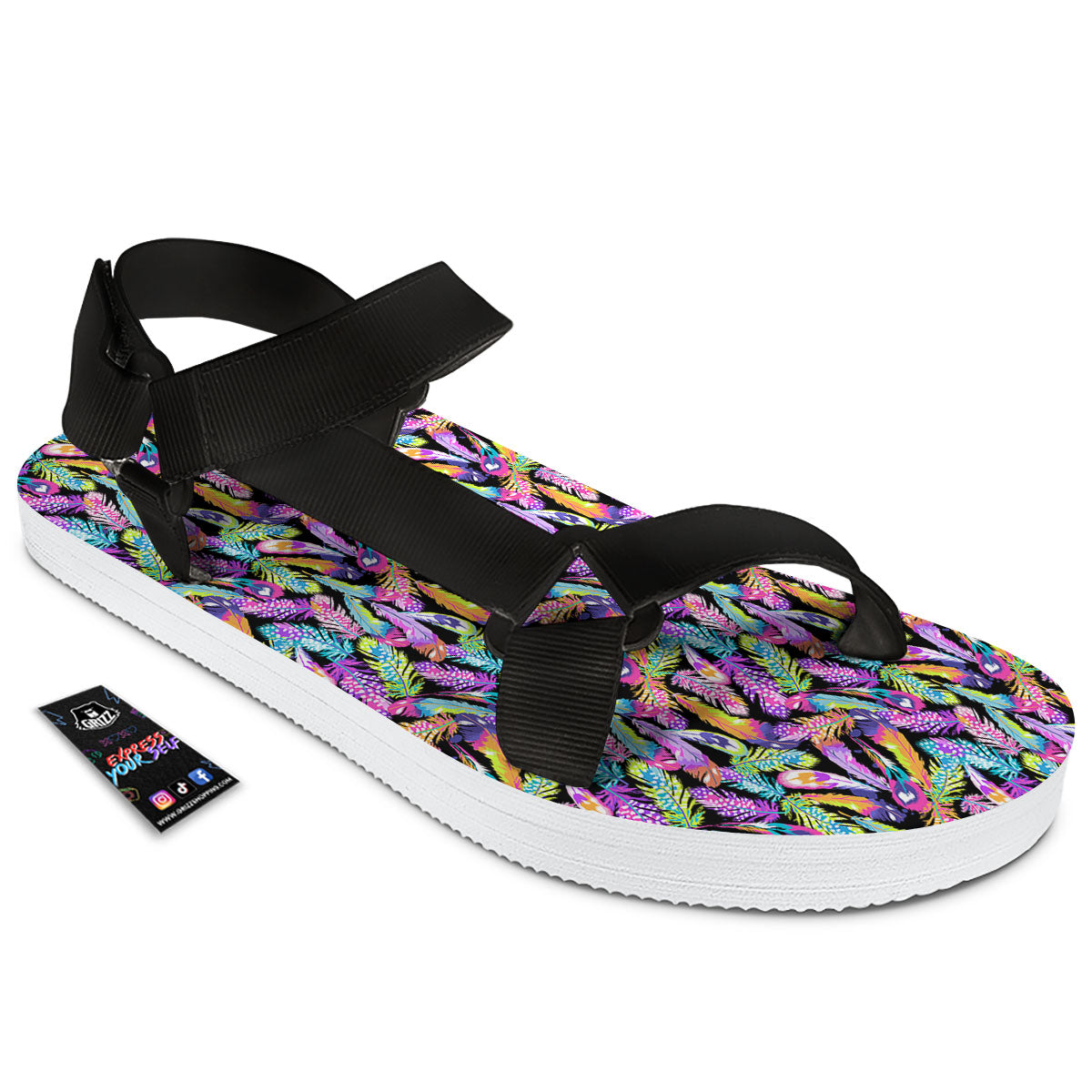 Feather Colorful Print Pattern Black Open Toe Sandals-grizzshop