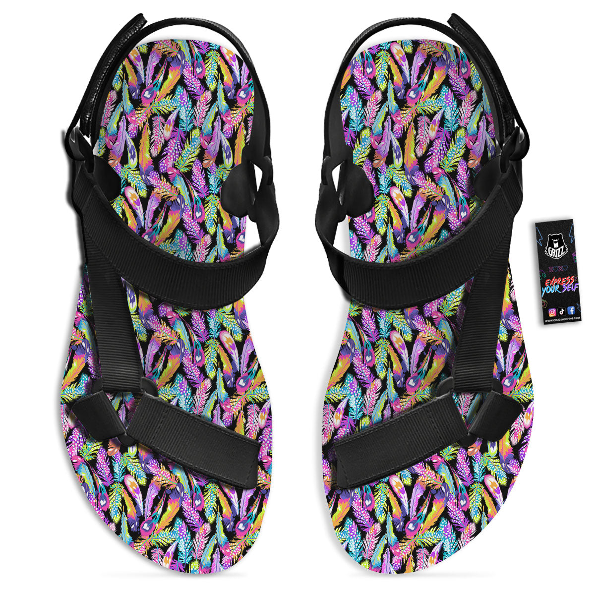 Feather Colorful Print Pattern Black Open Toe Sandals-grizzshop