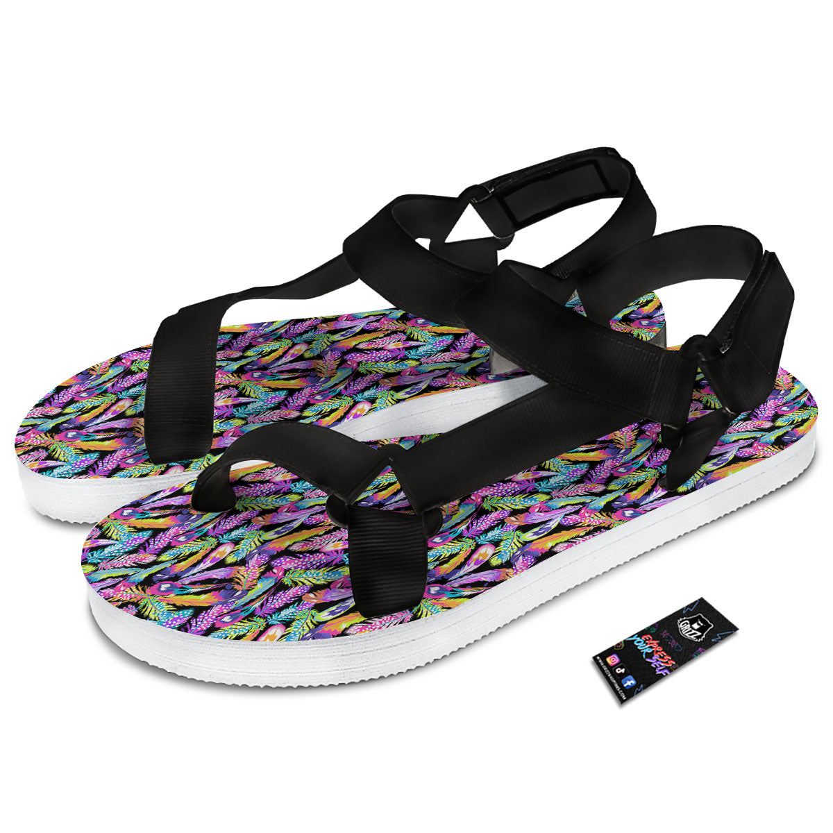 Feather Colorful Print Pattern Black Open Toe Sandals-grizzshop