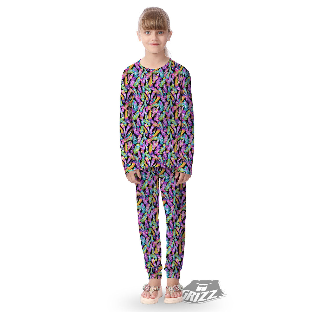 Feather Colorful Print Pattern Kid's Pajamas-grizzshop