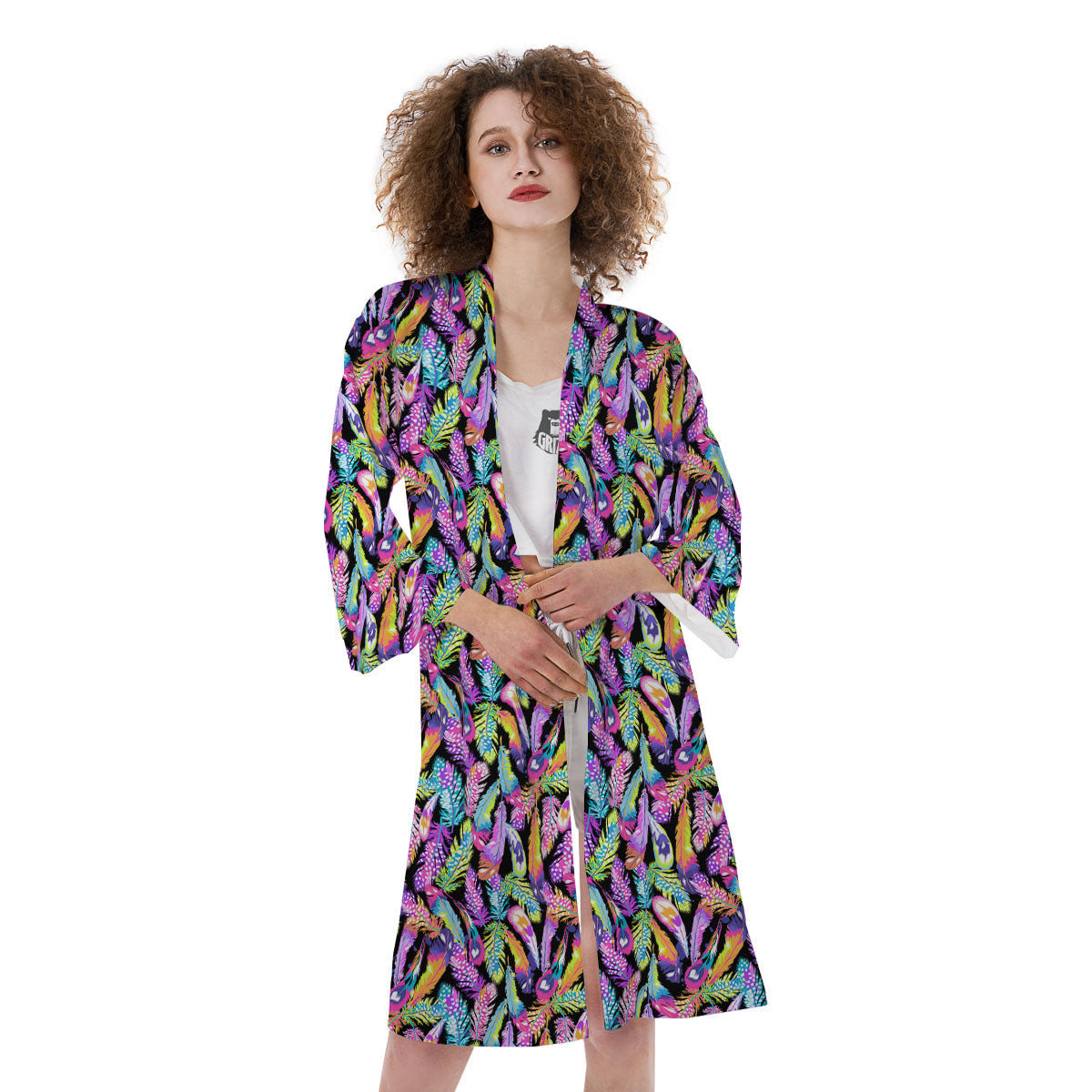Feather Colorful Print Pattern Kimono-grizzshop