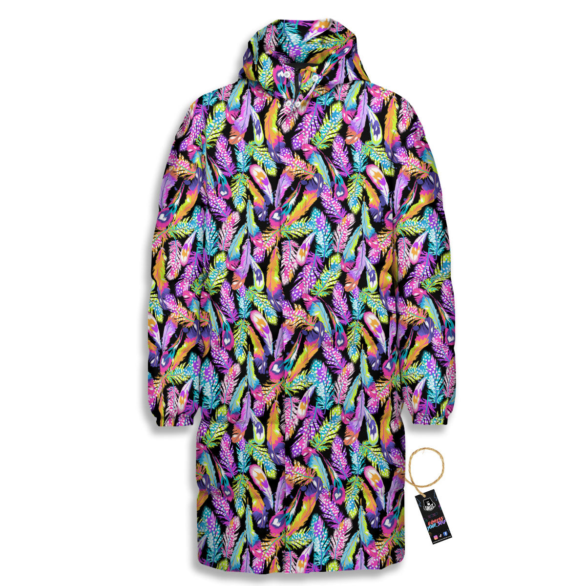 Feather Colorful Print Pattern Long Down Jacket-grizzshop