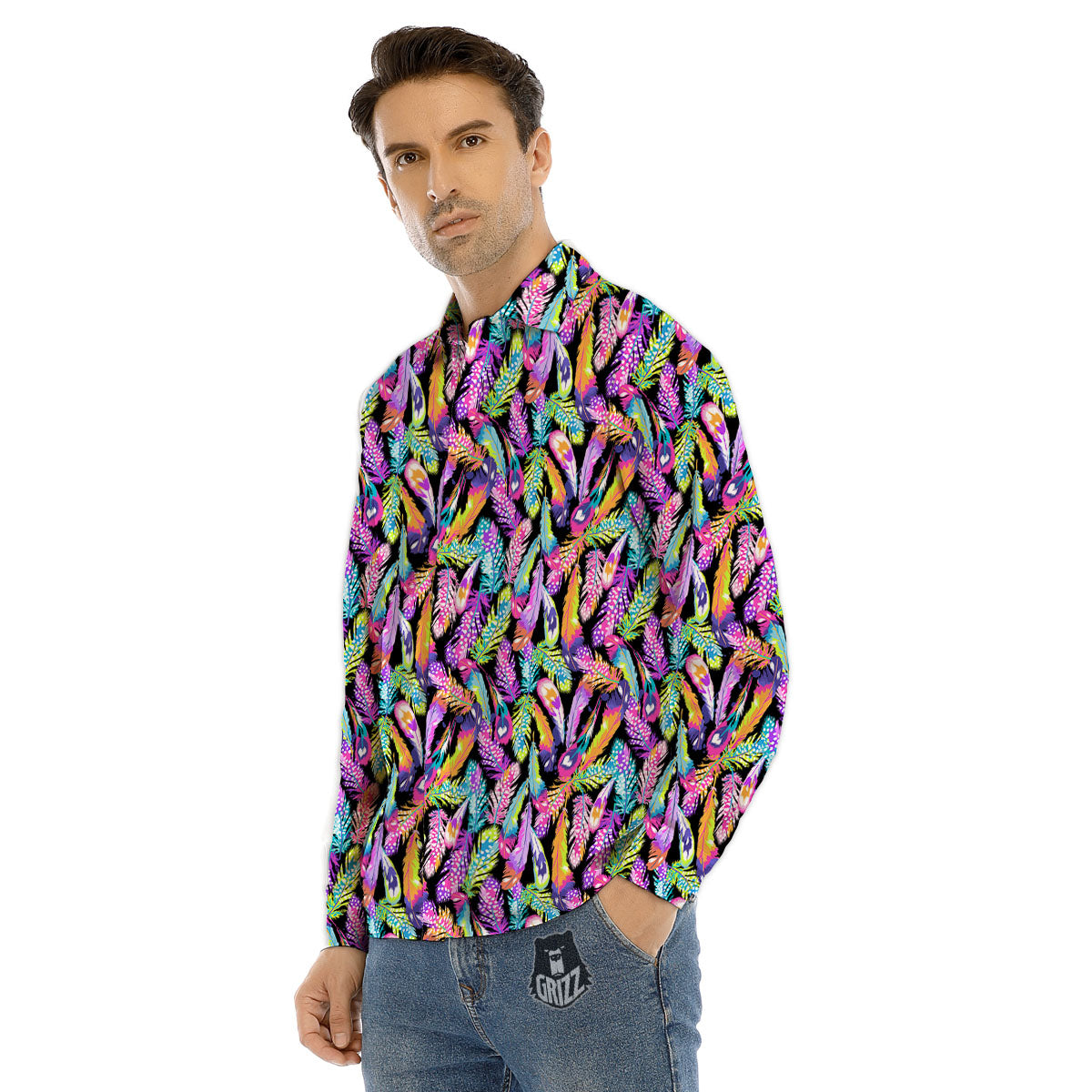 Feather Colorful Print Pattern Men's Dress Shirts-grizzshop