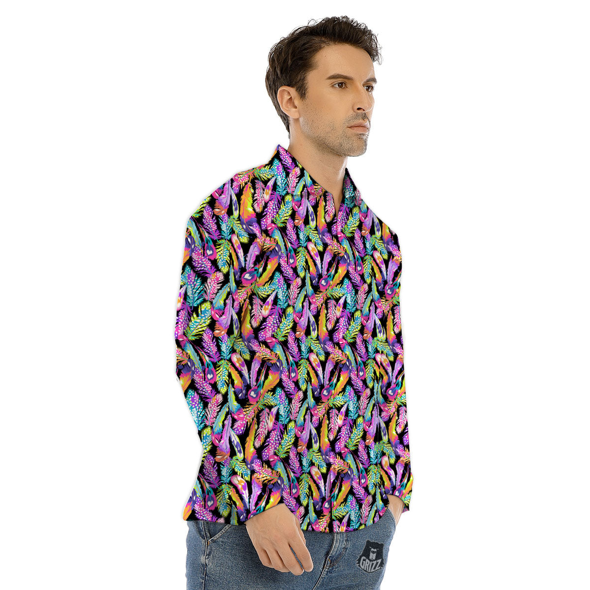 Feather Colorful Print Pattern Men's Dress Shirts-grizzshop