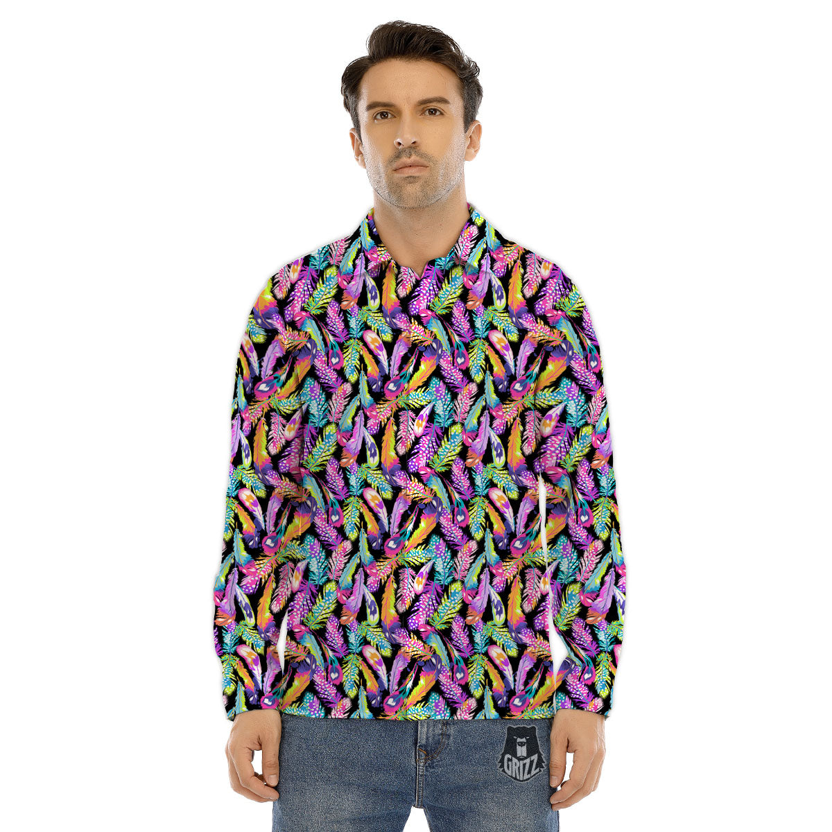 Feather Colorful Print Pattern Men's Dress Shirts-grizzshop