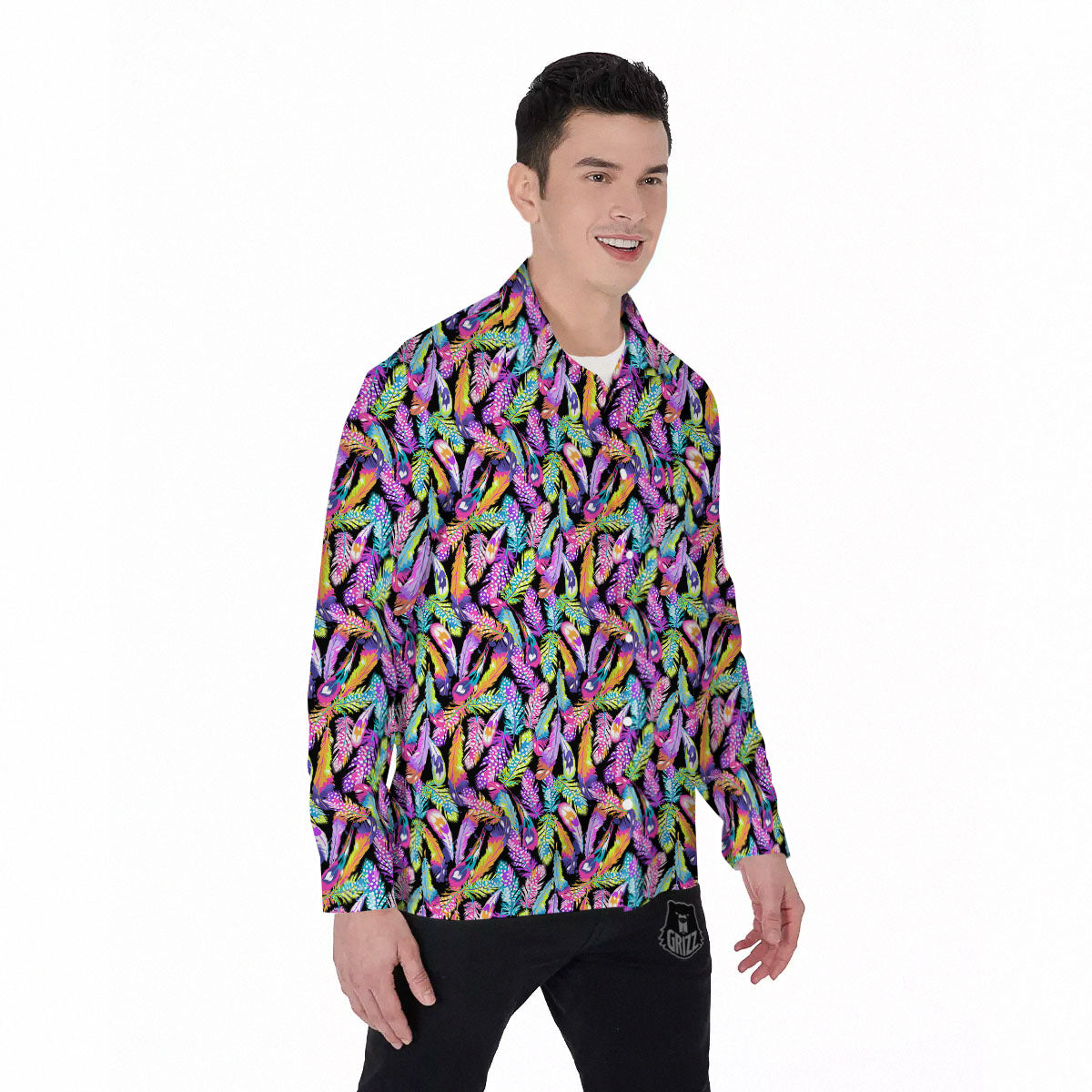 Feather Colorful Print Pattern Men's Long Sleeve Shirts-grizzshop