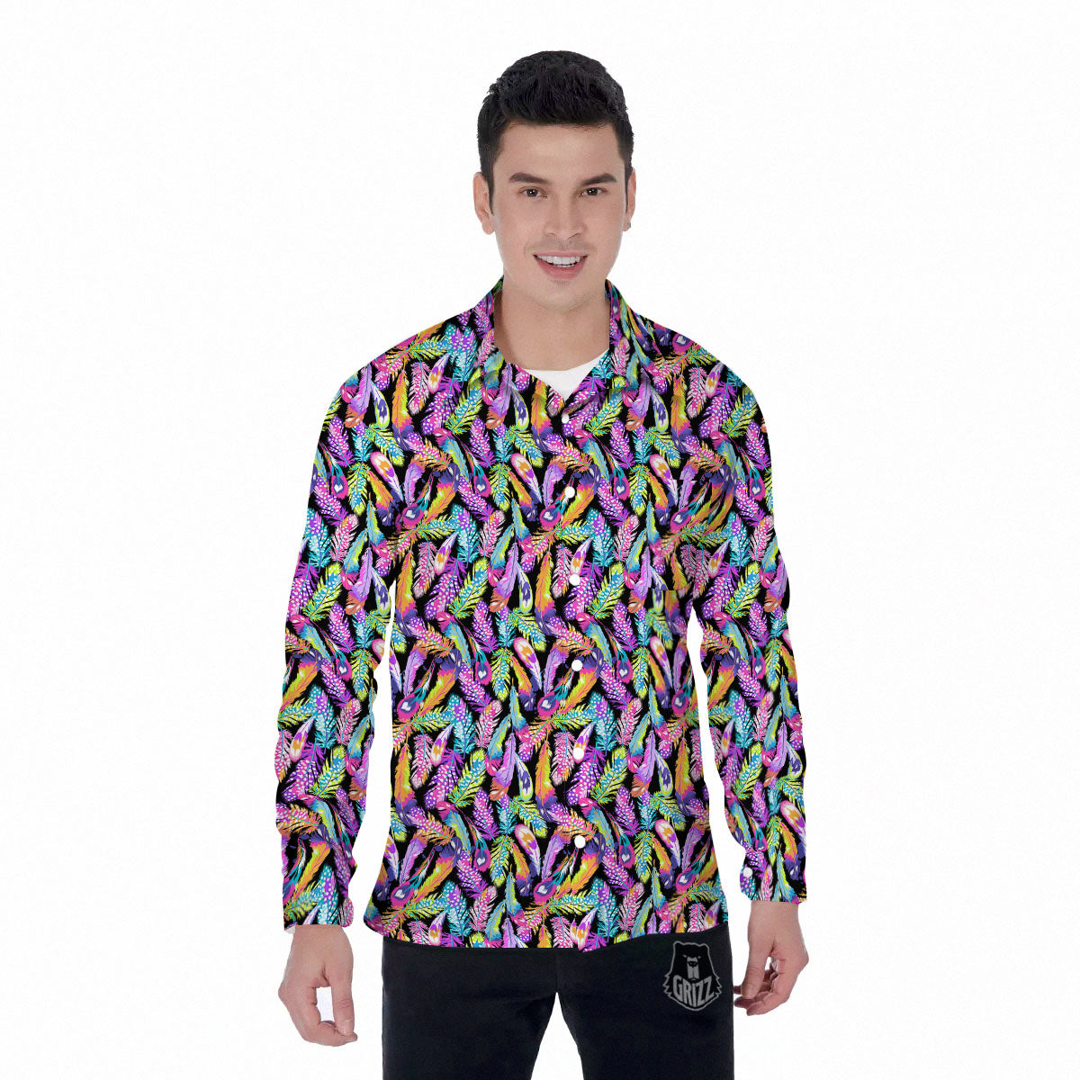Feather Colorful Print Pattern Men's Long Sleeve Shirts-grizzshop