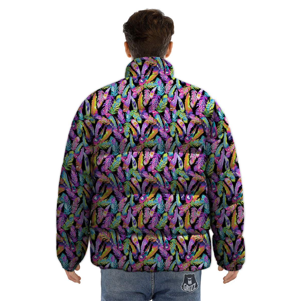 Feather Colorful Print Pattern Puffer Jacket-grizzshop