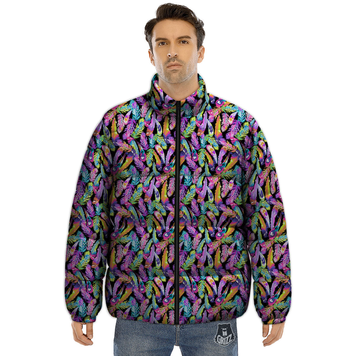 Feather Colorful Print Pattern Puffer Jacket-grizzshop